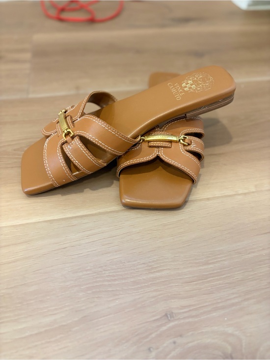 Vince Camuto Shoes - Vince Camuto Cognac Leather Slide Mules with Gold Accent